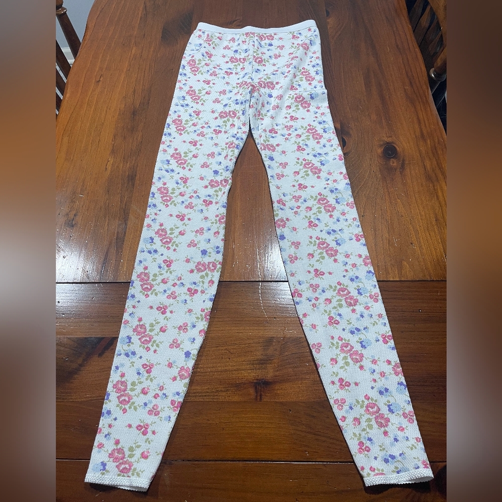 Indera Womens White Pink Blue Floral 100% Cotton Baselayer Leggings Size‎ Medium